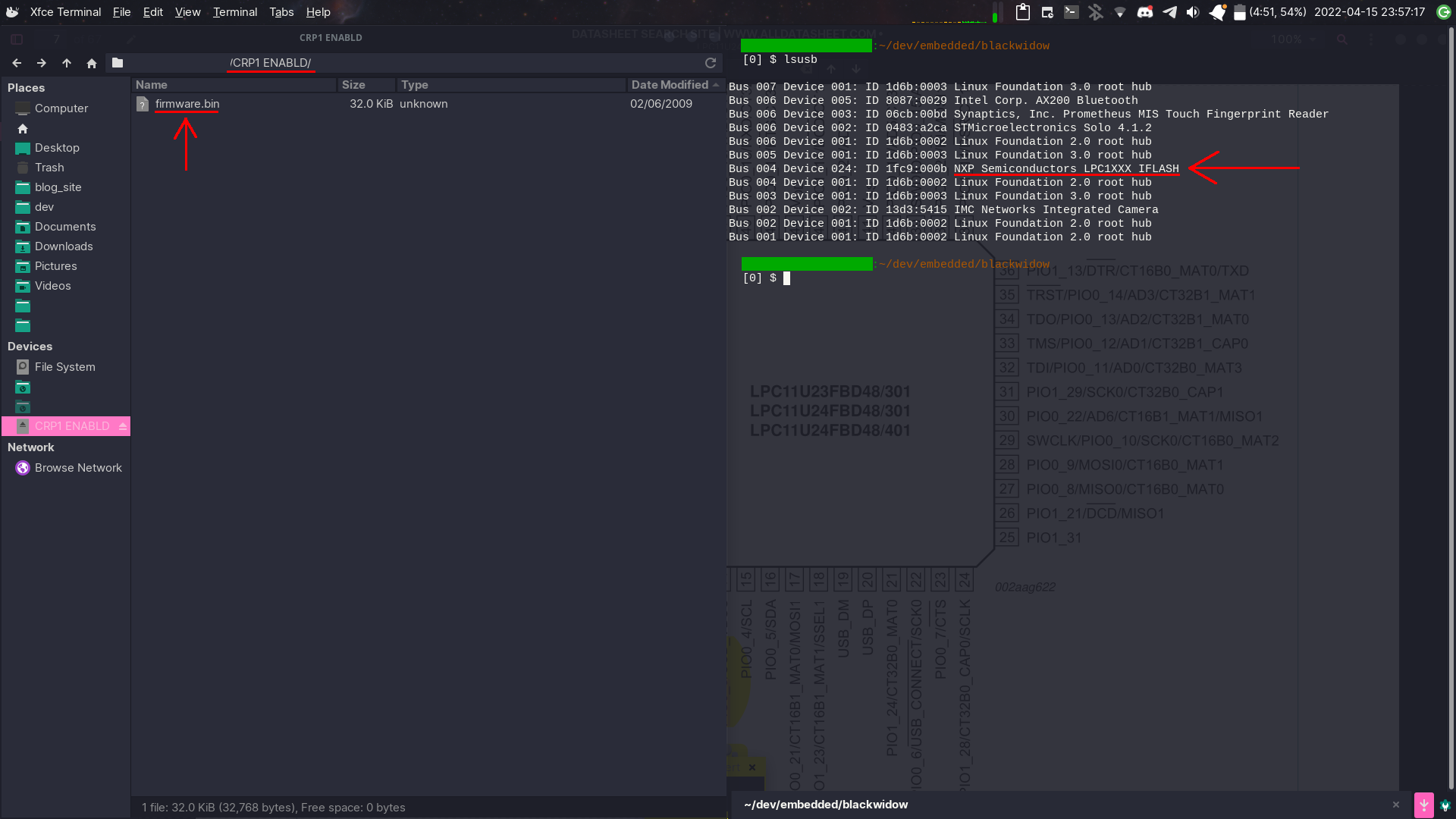 The keyboard microcontroller is showing up under lsusb and as a USB drive for uploading firmware