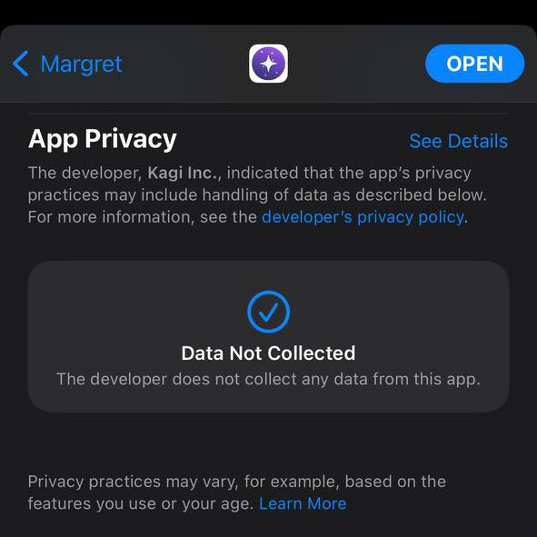 Orion app privacy section on iOS
