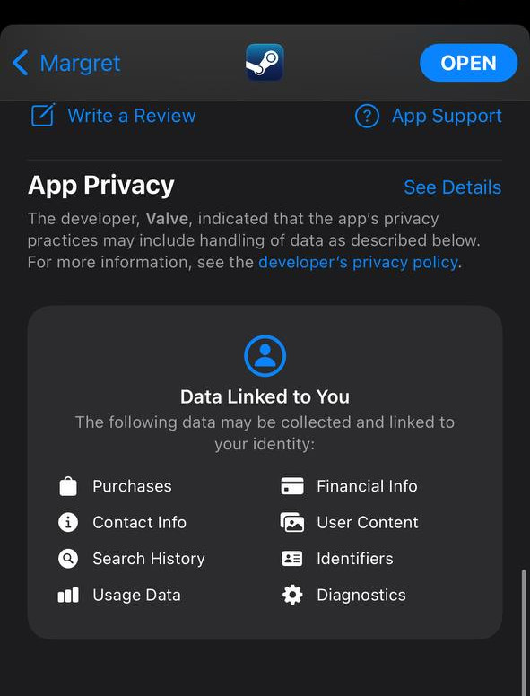 Steam app privacy section on iOS