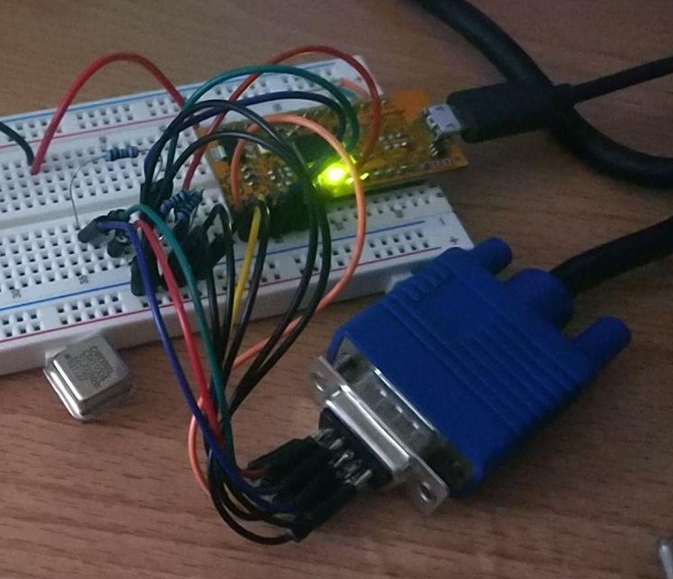 Initial assembly of the project with a VGA connector attached to an Upduino v2