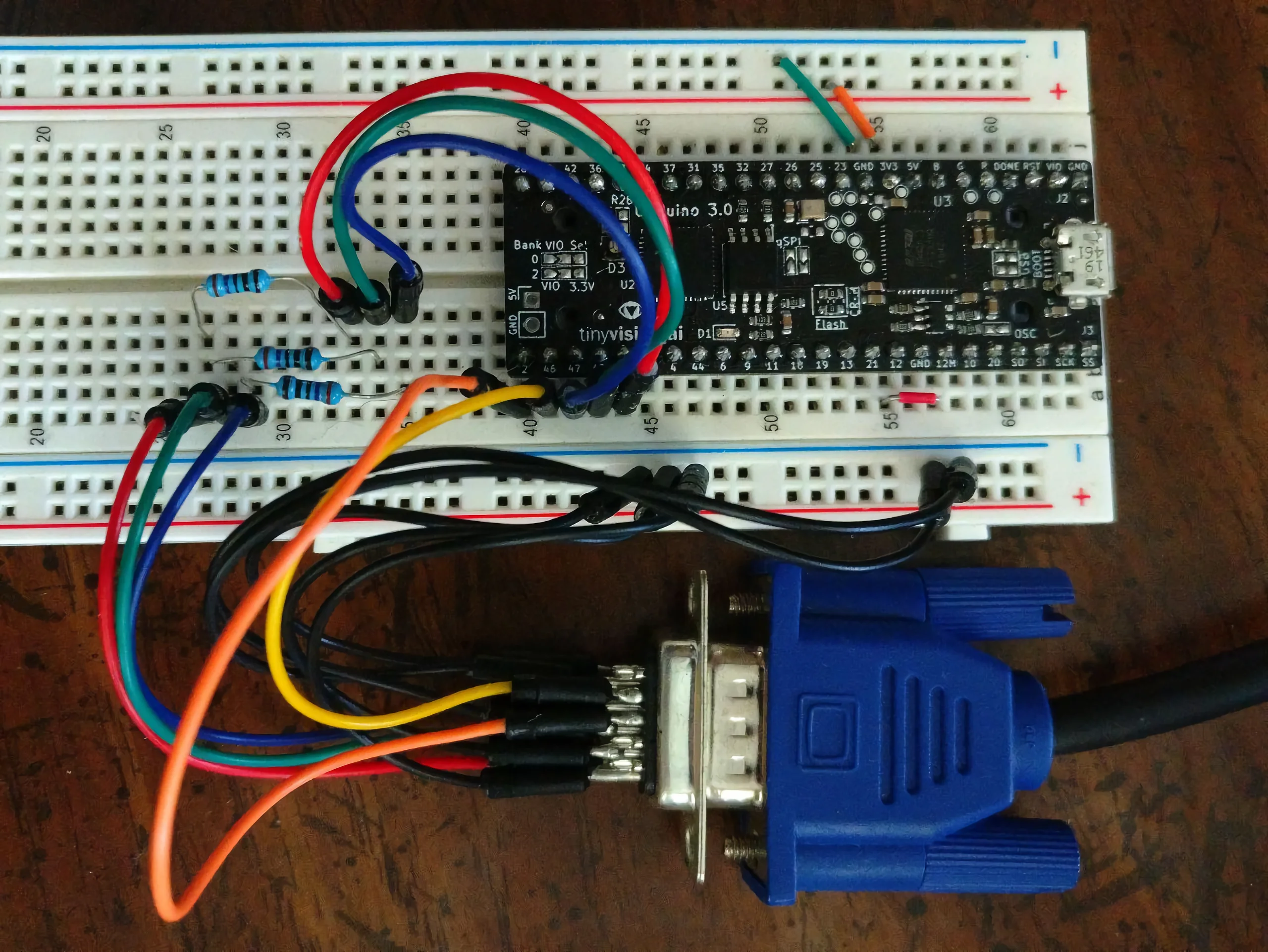 The final assembly of the project, a VGA connector attached to the Upduino v3 FPGA